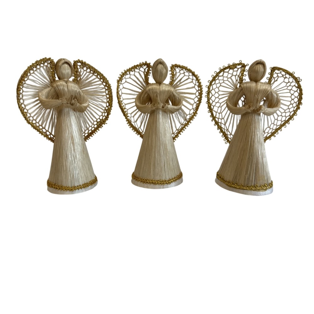 Handmade Straw Angel Ornament Figurines Set of 3 Christmas Holiday Decor